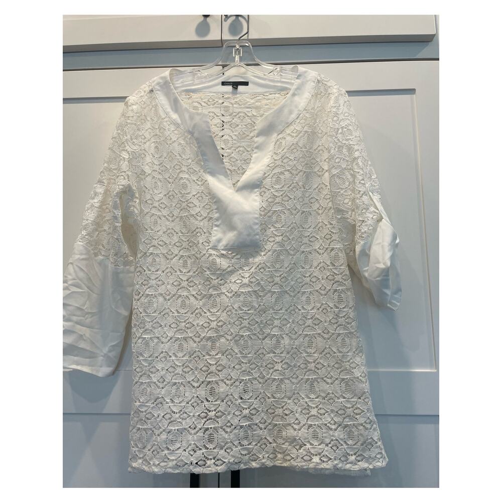 CHAUS white lace tunic or coverup L 3/4 length sleeve V-neck